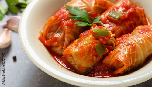 Фотография Delicious stuffed cabbage rolls cooked with homemade tomato sauce in bowl, close