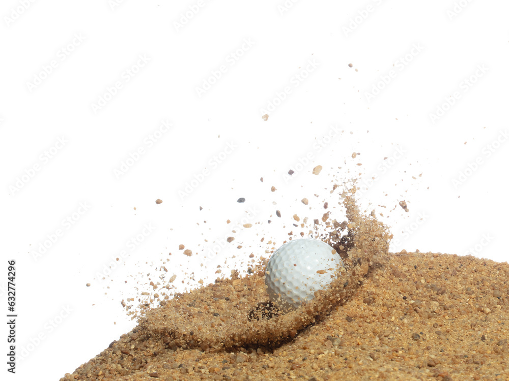Golf ball explode from sand bunker. Golfer hit ball with club to sand