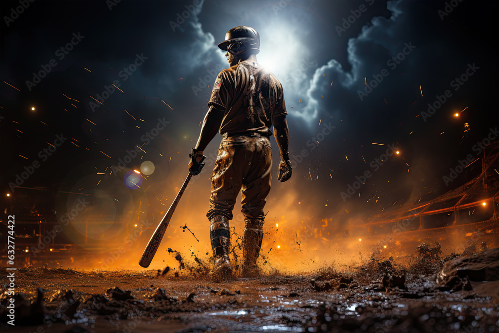 Photorealistic illustration of baseball player walking away with a bat, surrounded by sparks, smoke and mud. 
This image was created using AI generative technology.	