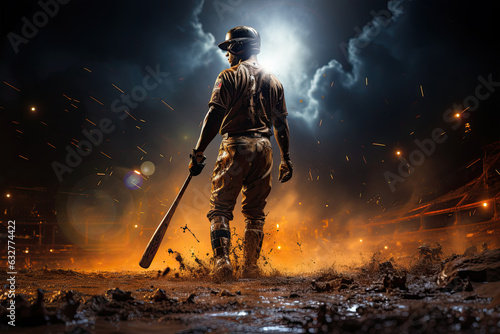 Photorealistic illustration of baseball player walking away with a bat, surrounded by sparks, smoke and mud. This image was created using AI generative technology. 