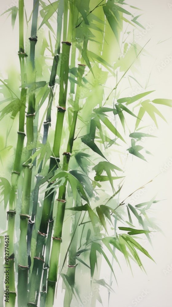 Obraz premium A painting of a bamboo tree with green leaves. Digital image.