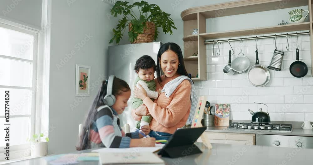 Home school help, mother and daughter with tablet, headphones and support in learning, education and family. Elearning, studying and busy mom with baby, child and homework in kitchen for online class Home school help, mother and daughter with tablet, headphones and support in learning, education and family. Elearning, studying and busy mom with baby, child and homework in kitchen for online class