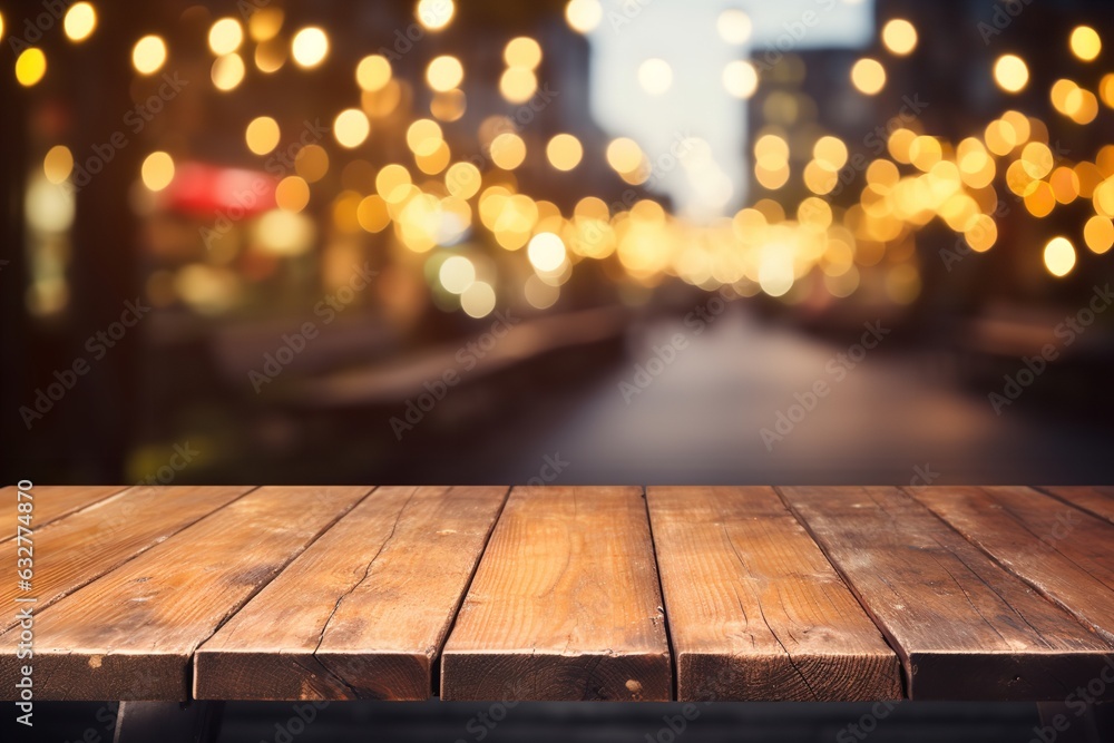Empty wooden table and blurred restaurant in background for product placement Empty wooden table and blurred restaurant in background for product placement