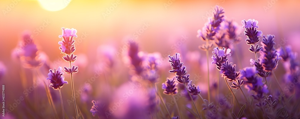 Obraz premium sunset in a field of lavender flowers landscape background