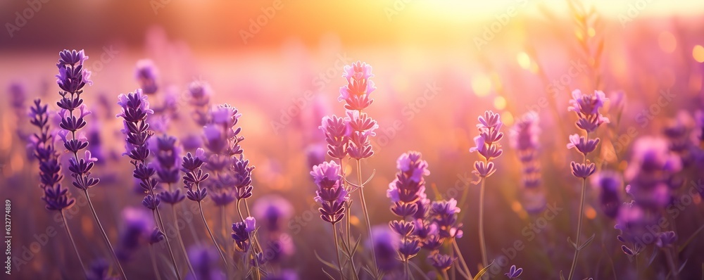 sunset in a field of lavender flowers landscape background sunset in a field of lavender flowers landscape background