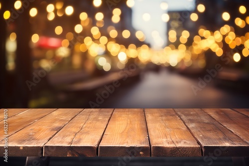 Empty wooden table and blurred restaurant in background for product placement