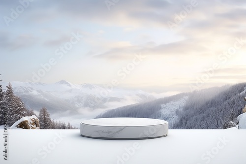 3d display product with geometric podium platform pedestal on winter snow mountains white scene © Pedro