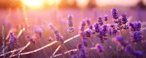 sunset in a field of lavender flowers landscape background