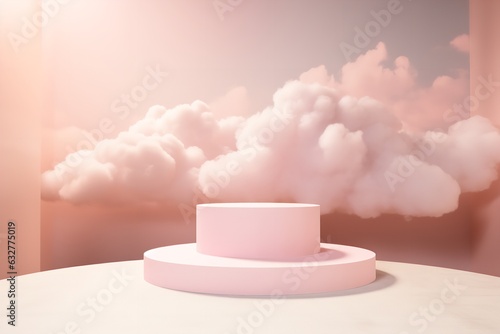 3d display product with geometric podium platform pedestal with pink cute clouds scene © Pedro