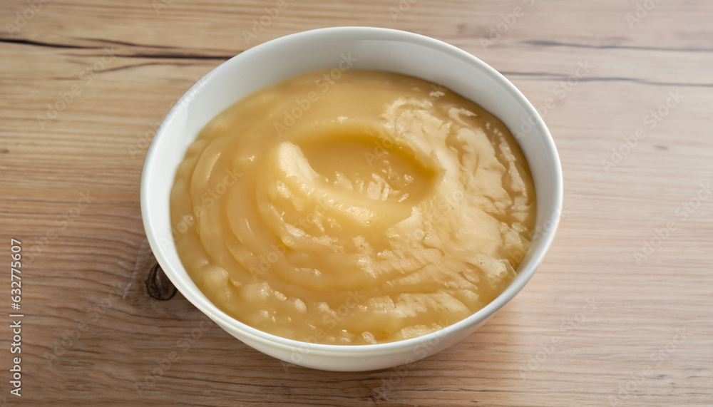 Bowl of healthy baby food on wooden table Bowl of healthy baby food on wooden table