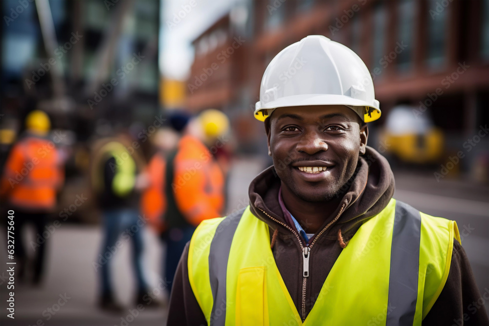 Professional Industry Engineer worker wearing high visibility and hard hat in a street smiling African American specialist construction manufacture and facilities operative Professional Industry Engineer worker wearing high visibility and hard hat in a street smiling African American specialist construction manufacture and facilities operative