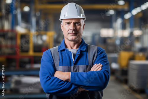 Working factory manager in blue uniform and white hard hat in his production warehouse posing for a portrait looking into the camera white male industry construction worker
