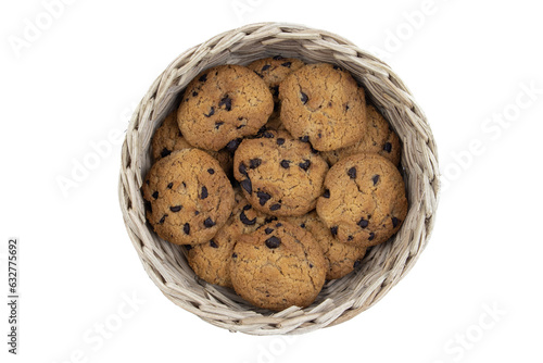 Chocolate chip cookies in a bamboo basket isolated on white background