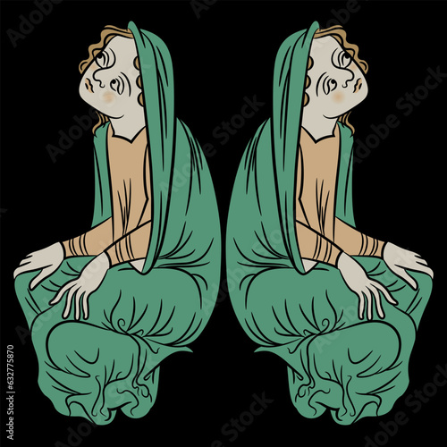 Symmetrical design with two sitting medieval women. Illuminated manuscript motif. On black background.