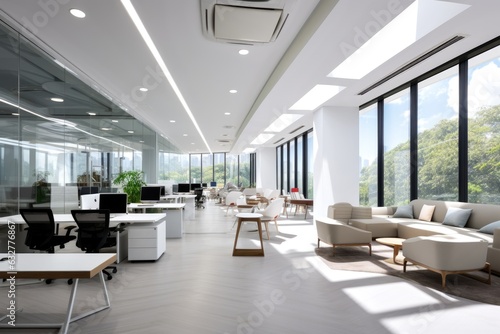 A large open office with a lot of windows. Digital image.