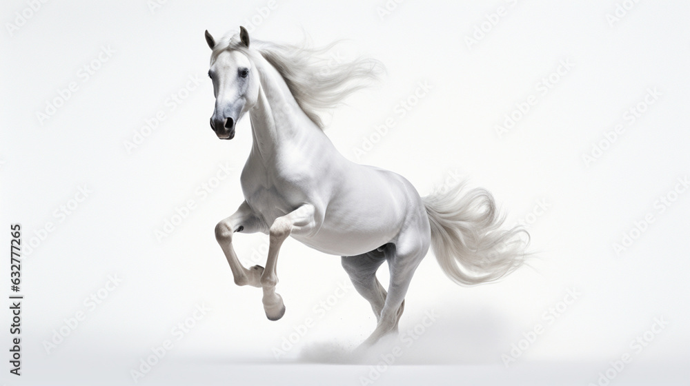 Isolated white horse running and looking at. white background, transparent background