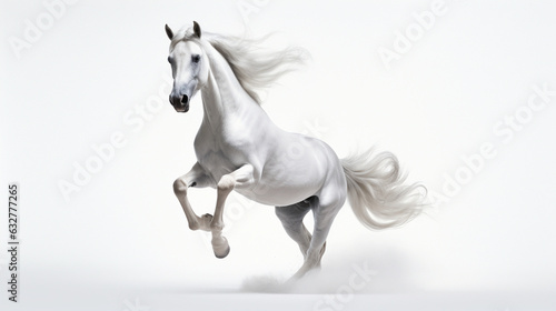 Isolated white horse running and looking at. white background, transparent background