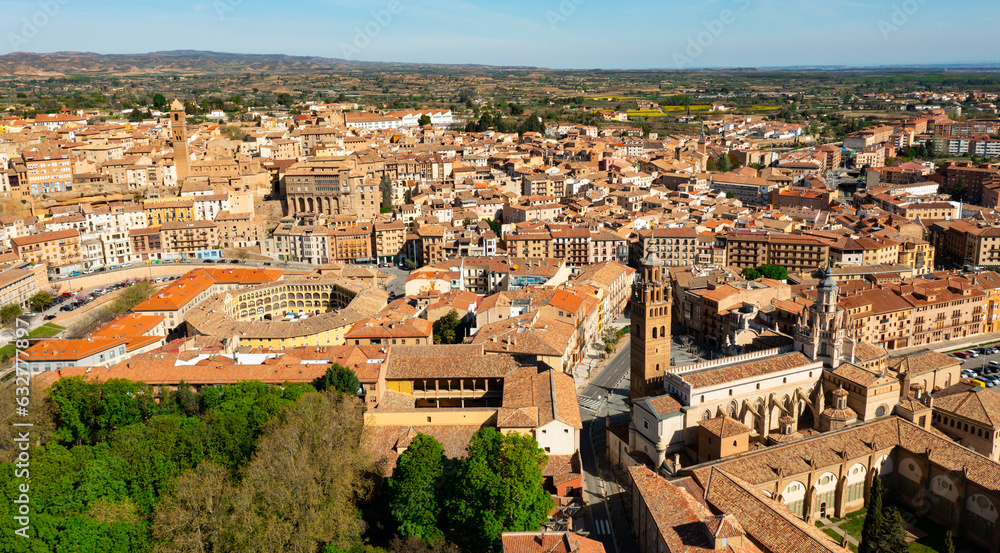 Aerial photo of Tarazona with view of residential buildings with tiled rooftops. Aragon, Spain.