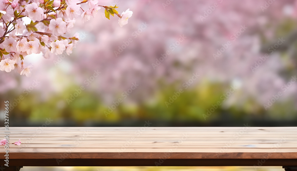 Wooden Table in Sakura Flower Park A Template Mockup for Product Display. Wooden Table in Sakura Flower Park A Template Mockup for Product Display.