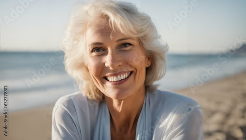 Smiling senior woman posing at beach looking at camera, retirement and vacation
