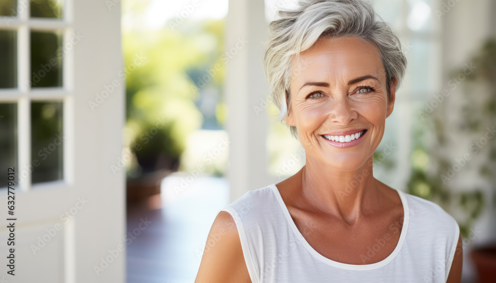 Smiling and elegant middle-aged woman conveying happiness and health to future generation longevity.