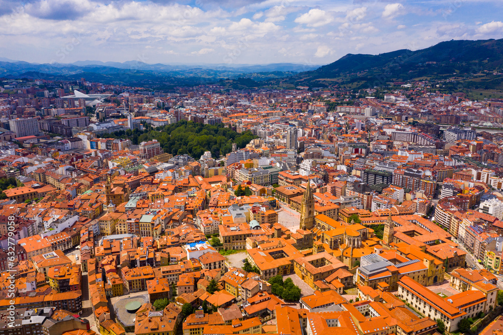 View from drone of Oviedo city, with landscape and buildings, Asturias, Spain