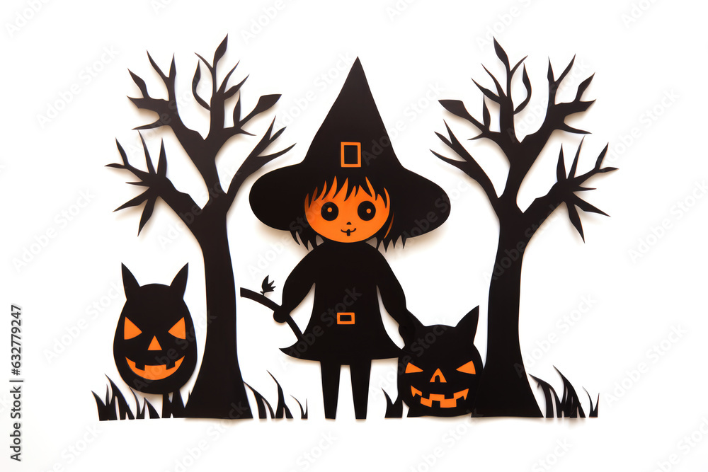 A paper cut of a witch and a cat. Digital image. Simple paper halloween character. A paper cut of a witch and a cat. Digital image. Simple paper halloween character.