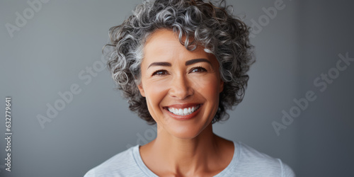 Smiling and elegant middle-aged woman conveying happiness and health to future generation longevity.