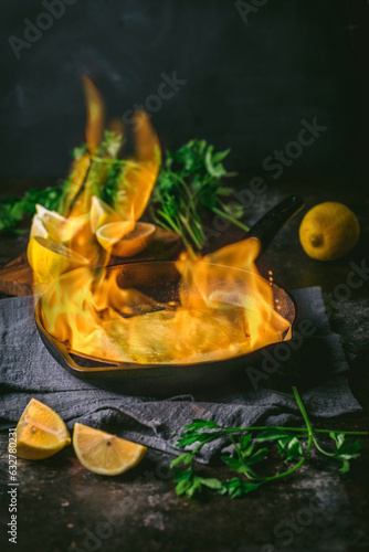 Saganaki (Greek Cheese flamed in Brandy), large flame