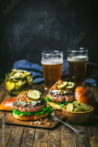 Beef Burgers with caramelized onions and blue cheese