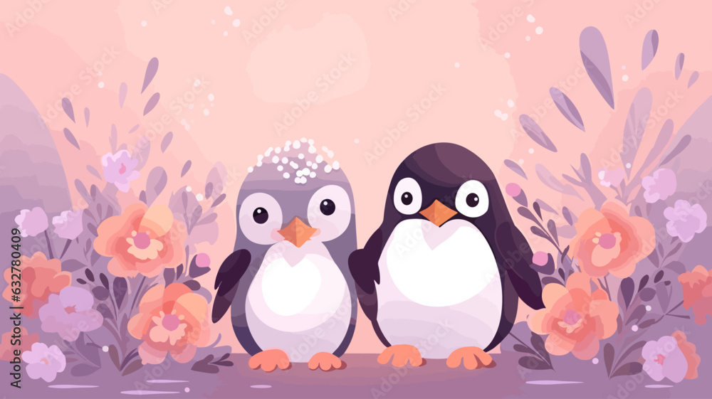 Fototapeta premium Vector illustration of a cute penguin in a field of flowers