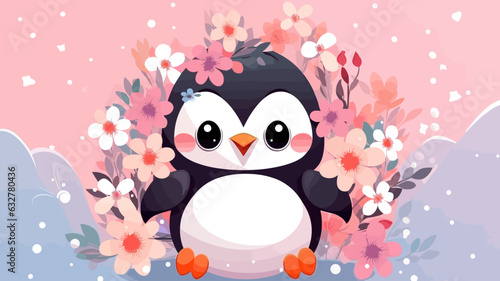 Vector illustration of a cute penguin in a field of flowers