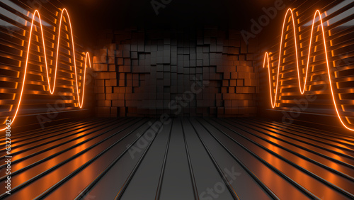 Sci Fy neon glowing lines in a dark tunnel. Reflections on the floor and ceiling. 3d rendering image. Abstract glowing lines. Techology futuristic background.