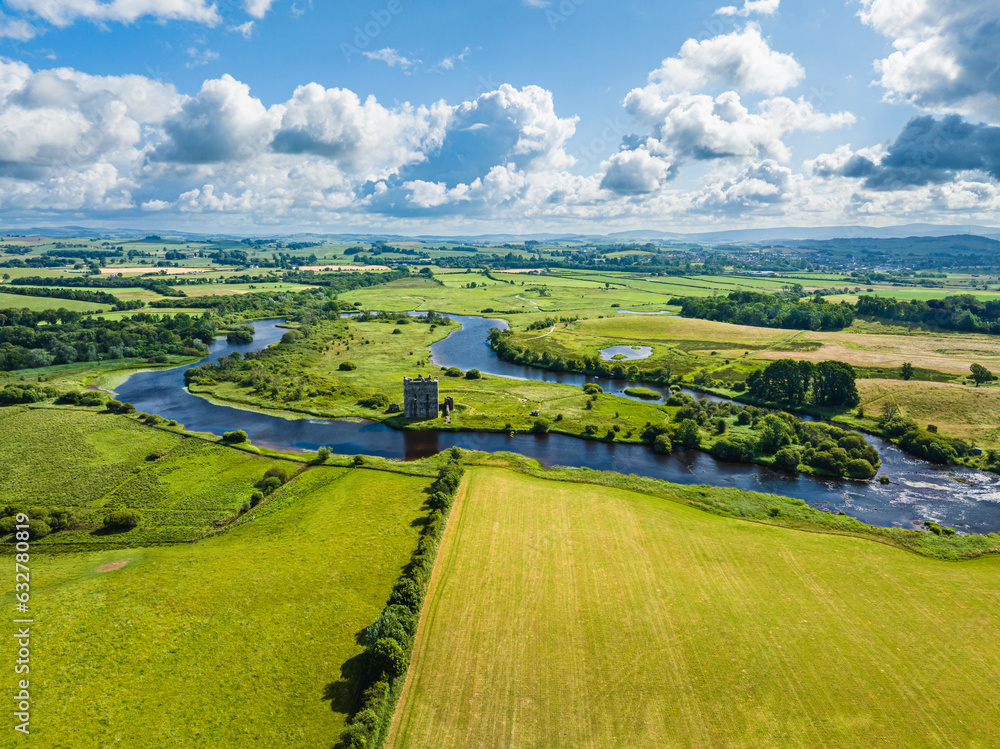 Threave Castle from a drone, Kirkcudbrightshire, Dumfries and Galloway, Scotland, UK