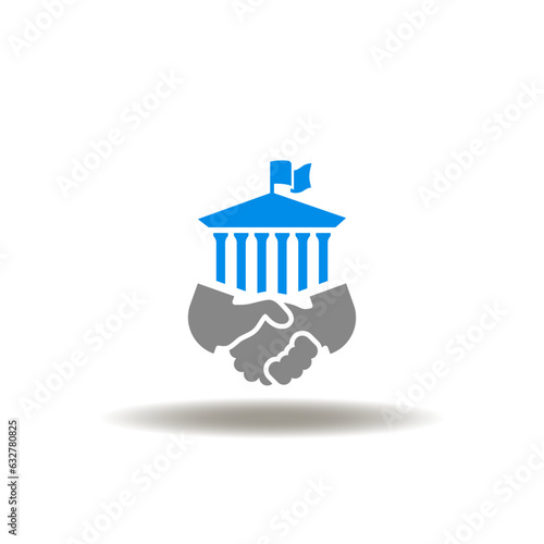 Vector illustration of handshake with building of government or court or bank. Icon of deal. Symbol of B2G Business To Government.