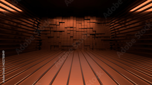 Fototapeta Naklejka Na Ścianę i Meble -  Sci Fy neon glowing lines in a dark tunnel. Reflections on the floor and ceiling. 3d rendering image. Abstract glowing lines. Techology futuristic background.