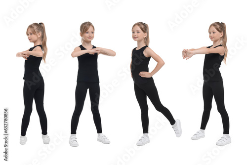 Little girl doing morning exercises on white background, collage design