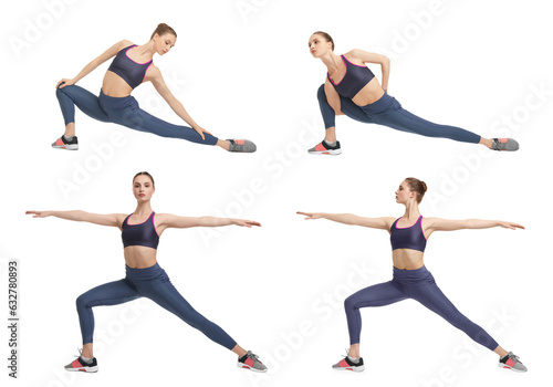 Young woman practicing yoga on white background. Collage with different asanas