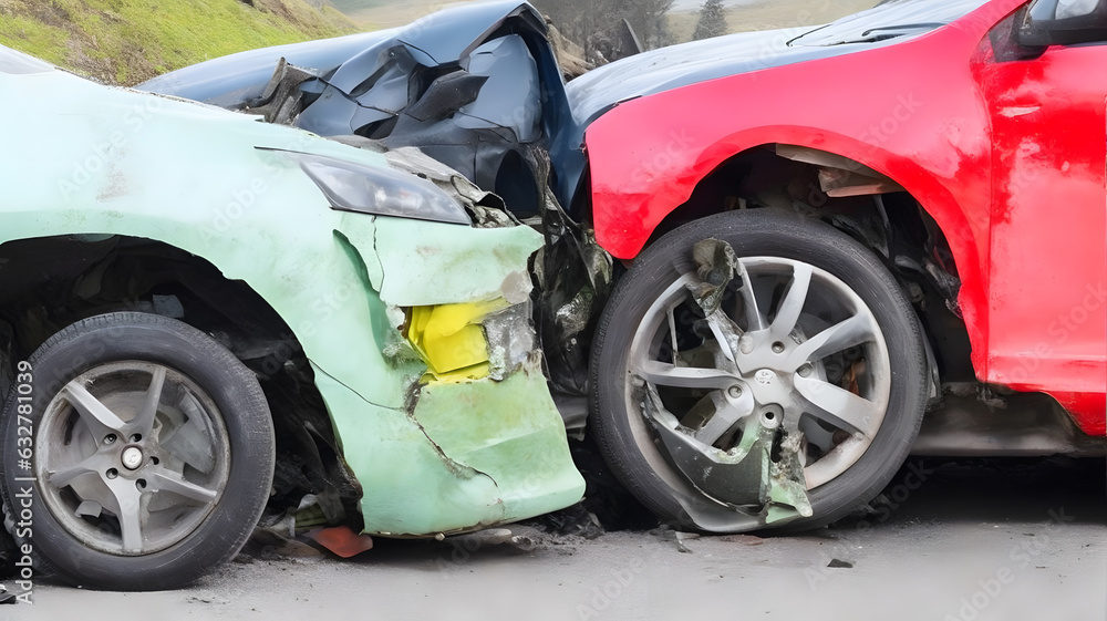 交通事故、衝突後に損傷した2台の車｜Traffic accident, two cars damaged after a collision. Generative AI