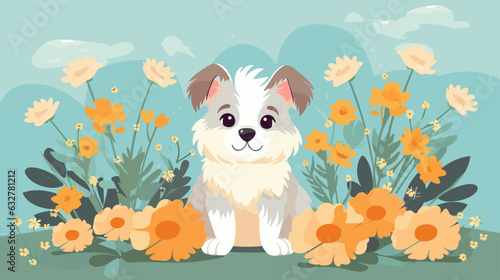 Vector illustration of a cute dog in a field of flowers