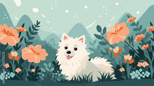 Vector illustration of a cute dog in a field of flowers