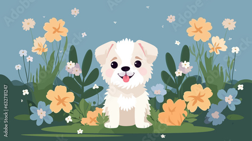 Vector illustration of a cute dog in a field of flowers