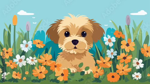 Vector illustration of a cute dog in a field of flowers