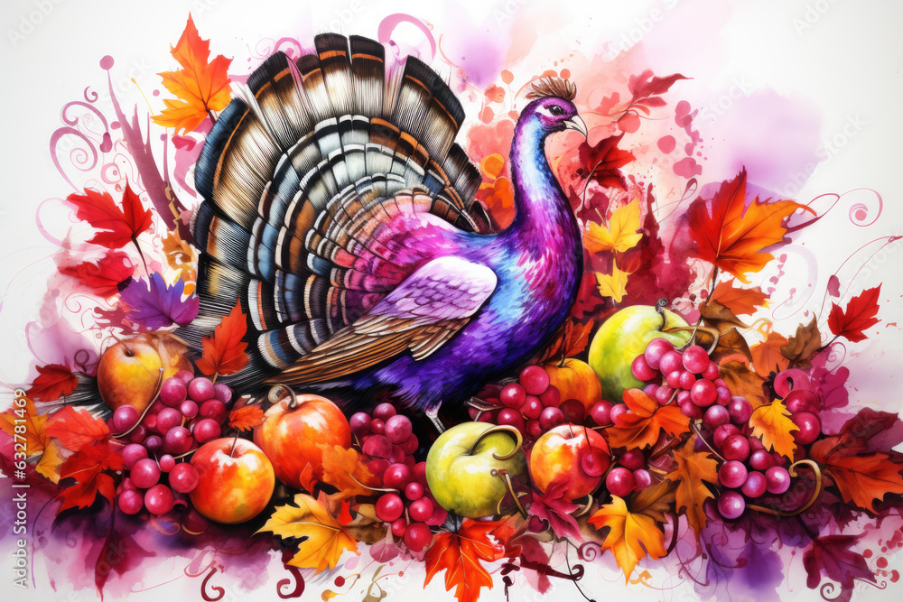 A turkey sitting on top of a pile of fruit. Thanksgiving decor. A turkey sitting on top of a pile of fruit. Thanksgiving decor.