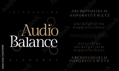 Audiobalance premium luxury elegant alphabet letters and numbers. Elegant wedding typography classic serif font decorative vintage retro. Creative vector illustration photo