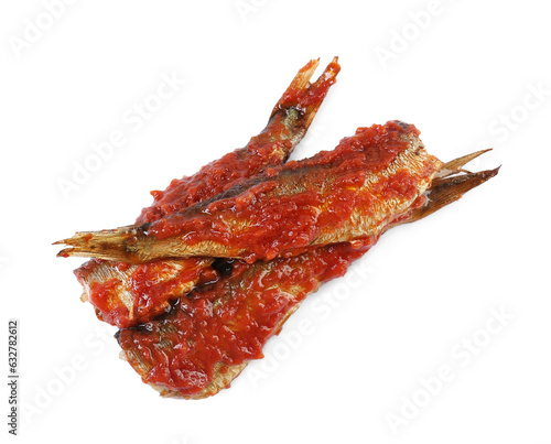 Tasty canned sprats with tomato sauce isolated on white