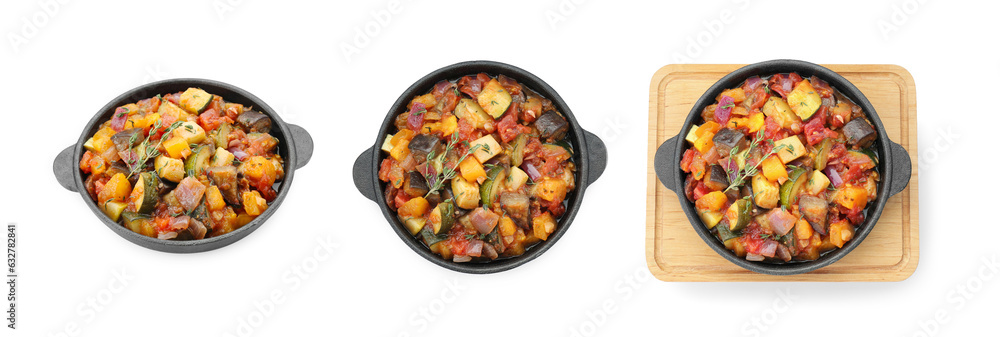 Tasty ratatouille isolated on white, top and side views. Collage design
