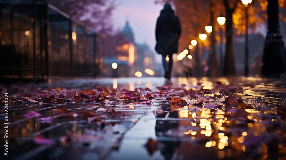 evening wet street asphalt with puddle blurred city colorful neon light  ,autumn leaves ,and people silhouette walk with umbrellas