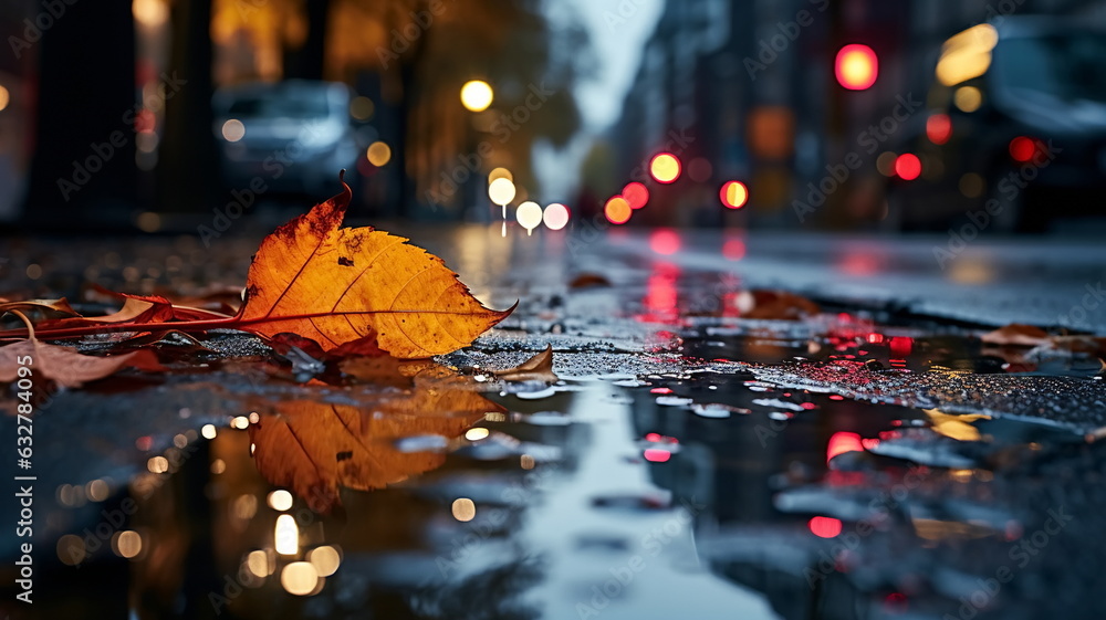 evening wet street asphalt with puddle blurred city colorful neon light  ,autumn leaves ,and people walk with umbrellas