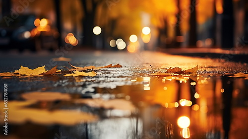 evening wet street asphalt with puddle blurred city colorful neon light ,autumn leaves ,and people walk with umbrellas